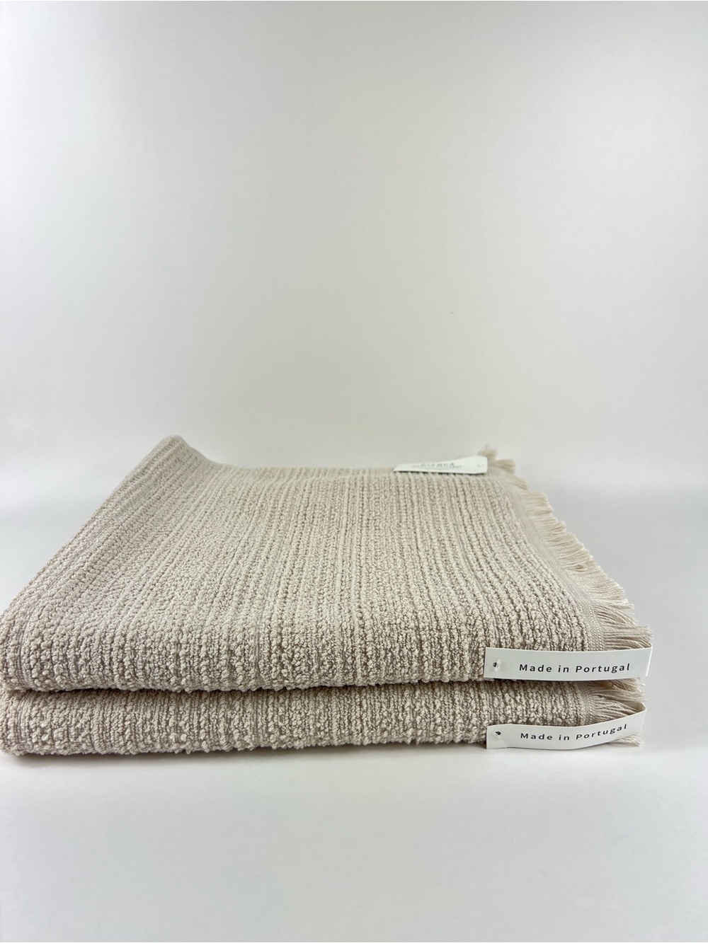 Bianca Bath Towel Set Tan with Fringe Textured Cotton Made in Portugal 2 Pc NEW